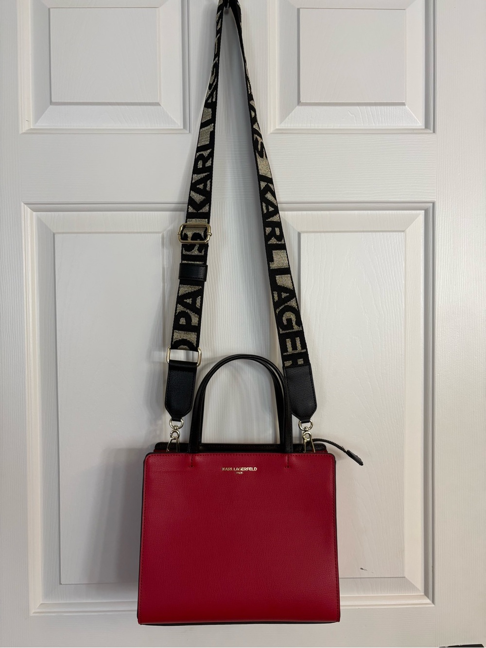 Karl Lagerfeld Red Leather Satchel with Black And Gold Branded Strap